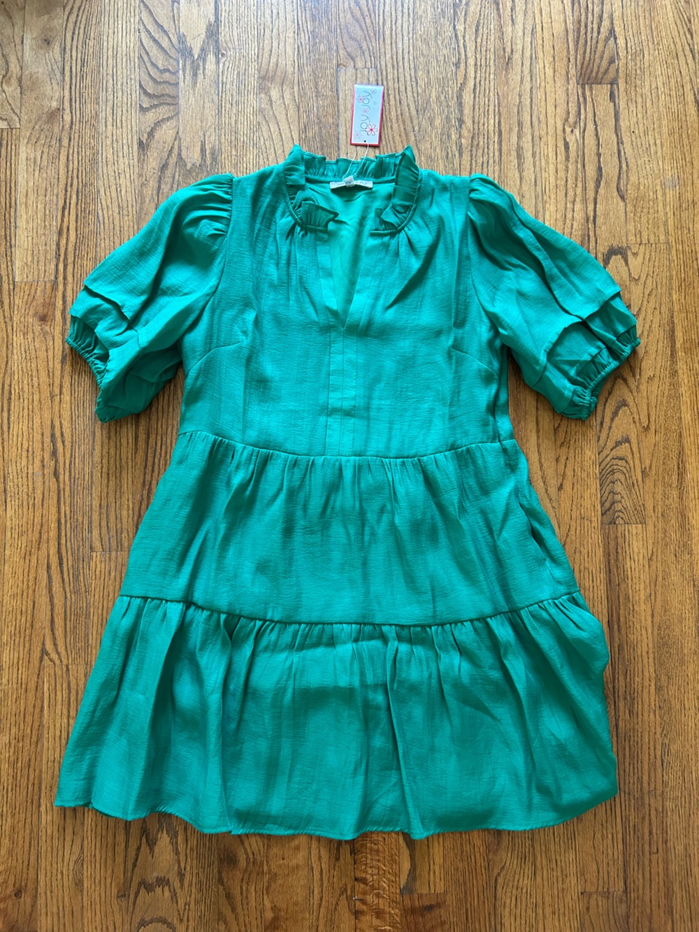 Joy Joy Teal Puff-Sleeve Tiered Mini Dress